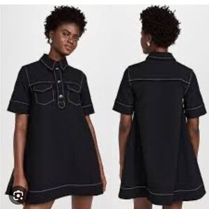 Ganni Black Sable Topstitch Crepe Swing Dress Lace Details Size 38 NWT